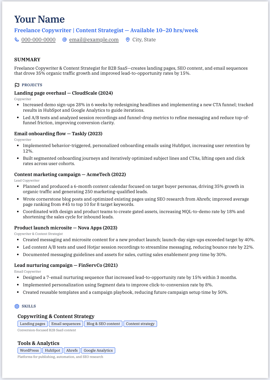 sample freelance resume